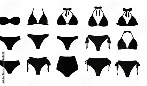 Black bikini icon set silhouette swimwear minimal fashion vector design
