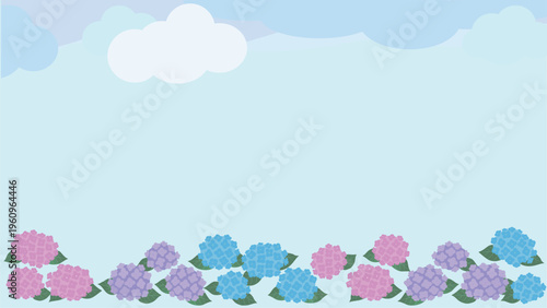 紫陽花と雲の16:9フレーム背景 ベクター（梅雨・空・コピースペース）動画・プレゼン・バナー用横長デザイン素材