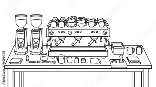 Detailed line drawing of a professional coffee bar setup with espresso machine, grinders, and barista tools.