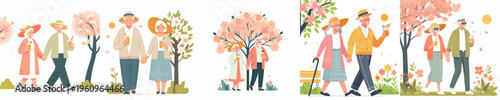 vector of a old couple walking and drinking orange ice in spring atmosphere