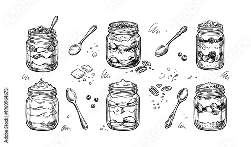 Hand-drawn mason jar desserts with spoons and berries in black and white sketch