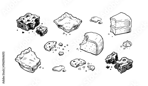 Black and white sketch of various cakes, pies, cookies, and pastries with crumbs