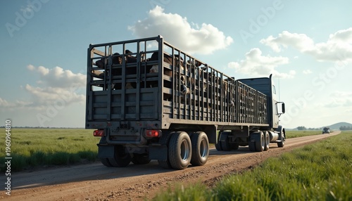 Livestock trailer carrying cows drives on dirt road through green field under blue sky. Truck transports herd of cattle to farm or market. Animal agriculture journey.