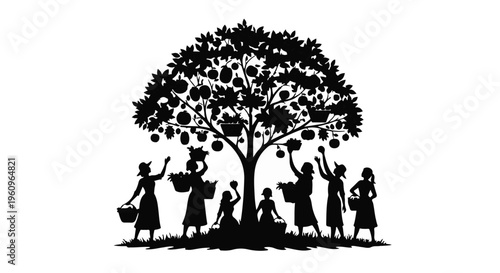 people picking fruit from tree silhouette