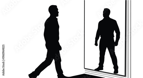 man walking past reflection in glass door