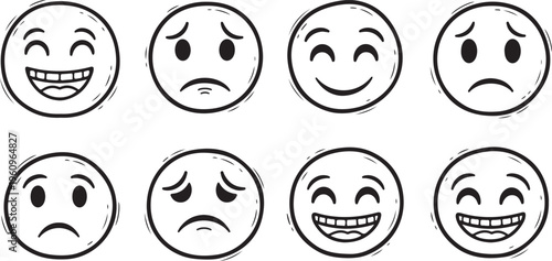 Set of fifteen hand drawn doodle emoji icons with various facial expressions isolated on white background, concept for corporate employee feedback, office communication and business