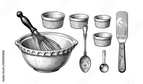 Vintage kitchenware collection with mixing bowl, whisk, spoons, and ramekins