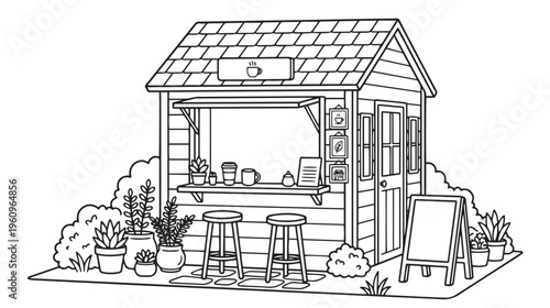 Charming black and white line drawing of a small outdoor cafe stand with stools, plants, and an A-frame sign, perfect for a cozy beverage or snack.