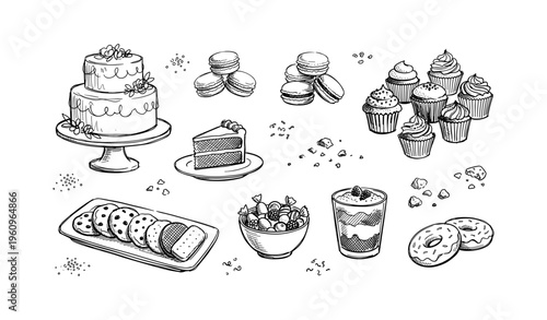 Hand-drawn desserts illustrations featuring cakes, macarons, cupcakes, cookies, parfait, donuts