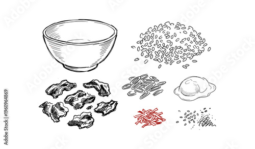 Illustration of asian cuisine ingredients: rice, vegetables, egg, bowl