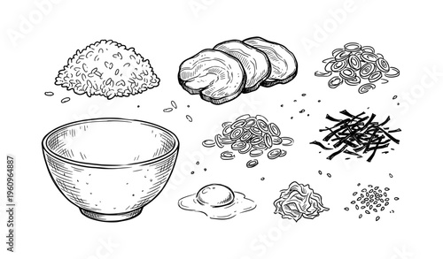 Hand-drawn ingredients for asian ramen noodles with bowl and egg