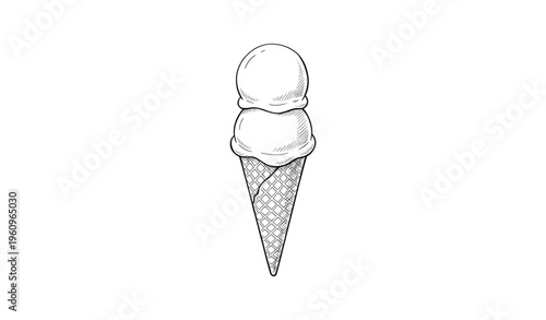 Double scoop ice cream cone in black and white sketch