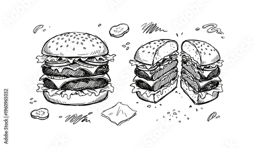 Hand-drawn double cheeseburger sketch with ingredients