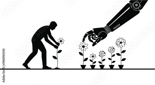 robot helping man plant flowers gardening technology