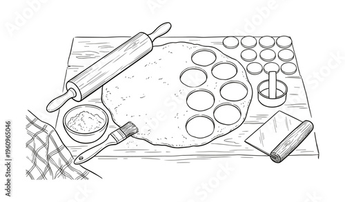 Rolling pin and dough preparation on wooden surface for cookies