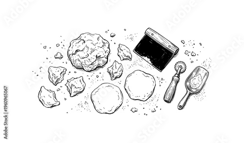 Hand-drawn baking ingredients and tools with dough, scraper, scoop, roller on white background