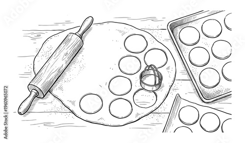 Baking preparation: dough cutting, rolling pin, pastry sheet, baking tray