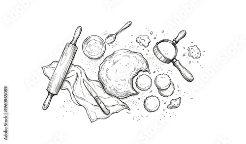 Rustic baking scene with dough, rolling pin, and biscuit cutter
