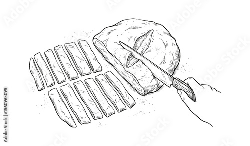Hand slicing dough into strips with knife