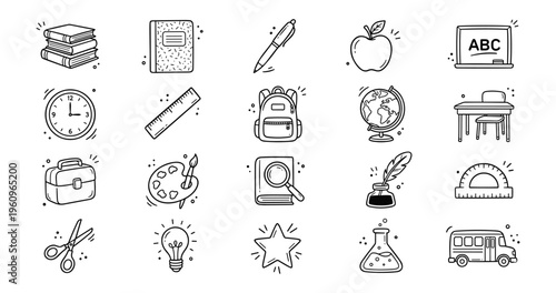 School Education Doodle Icons. Hand Drawn Learning Supplies Outline Vector Art.