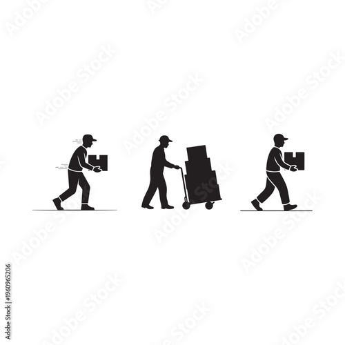Silhouettes of warehouse workers carrying boxes and moving cargo with a hand truck dolly for logistics and delivery concepts