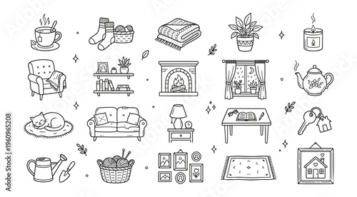 Hygge Home Line Art Icons Set. Cozy Lifestyle Doodle Vector Elements for Domestic Comfort and Relaxation.
