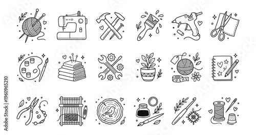 Crafts DIY Hobbies Tools Icon Set. Handmade Outline Line Art Vector for Creative Workshop Supplies.