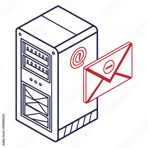 Email server with a red at sign and an envelope, an isometric line art vector drawing, minimalist linear illustration of mail hosting