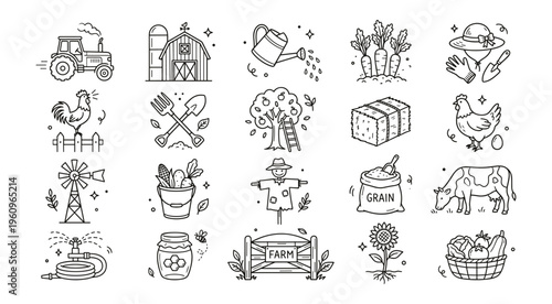 Farming Agriculture Line Art Icons Set. Hand-Drawn Doodle Vector Collection for Organic and Rural Themes.