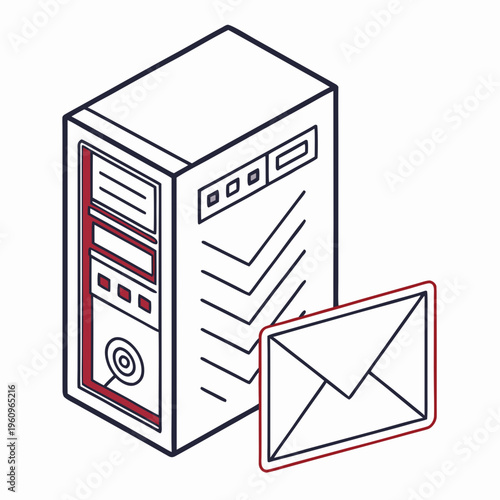 Email server and an envelope, an isometric line art vector drawing, a minimalist linear illustration of a mail server concept with red highlights