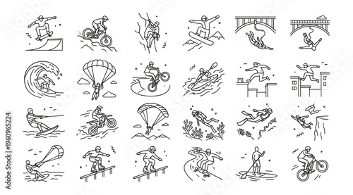 Extreme Sports Adventure Line Art Icons Set. Minimalist Outline Vector for Web, App, and Marketing.