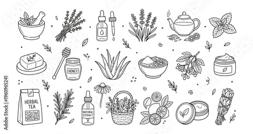 Natural Organic Herbal Wellness Icons. Hand-Drawn Skincare, Aromatherapy, Spa Line Art Collection