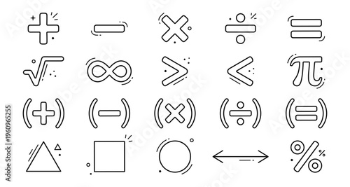 Math Symbols Line Art Icons, Arithmetic Operators, Geometric Shapes, Algebra Concepts Vector Set.
