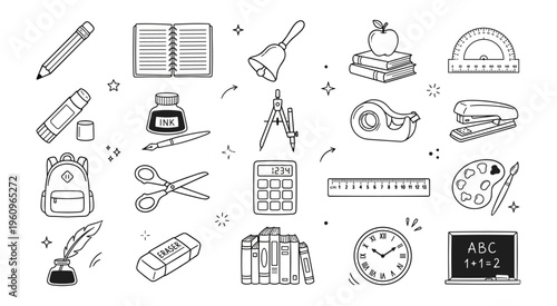 School Education Supplies Doodle Icons. Hand Drawn Learning Elements Collection.