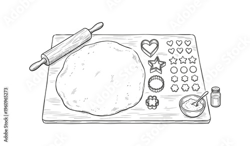 Baking setup with dough, rolling pin, and cookie cutters on wooden board