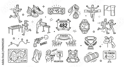 Marathon Race Line Art Icons. Running, Fitness, Endurance Sports Doodles.