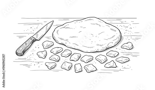 Hand-drawn rustic dough preparation with knife and uncooked dumplings on wooden table