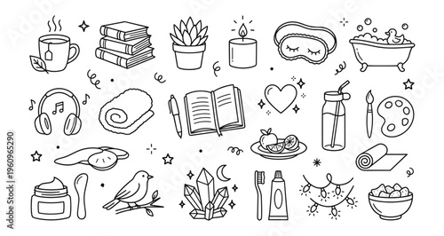 Self-Care Relaxation Doodle Icons. Cozy Hygge Line Art for Wellness & Daily Routine.