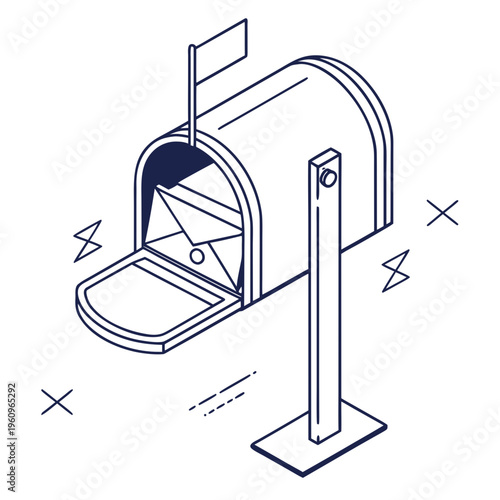 Isometric mailbox with open flap and envelope inside symbolising postal delivery and mail collection service with flag and dashed lines indicating movement and speed