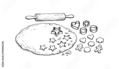 Cookie dough with rolling pin and assorted cookie cutters for baking fun