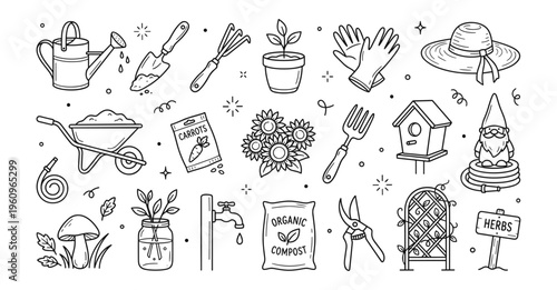 Hand Drawn Gardening Tools Set. Doodle Line Art Garden Supplies Collection.