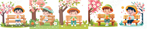 vector of a little boy sitting on a park bench drinking orange juice in spring