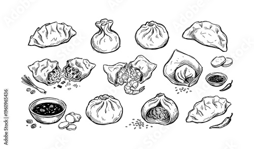 Assorted dumplings and ingredients illustration with black and white outlines