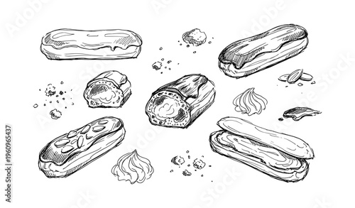 Hand-drawn eclairs and pastries with crumbs and creamy fillings