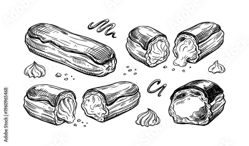Hand-drawn eclairs and cream puffs: vintage sketch of pastries and sweets