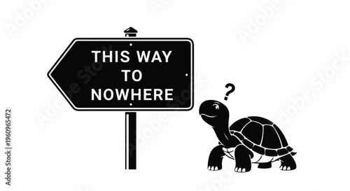turtle looking at signpost pointing to nowhere confused