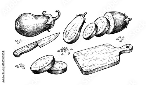 Hand-drawn eggplant sketch with knife and cutting board on white background