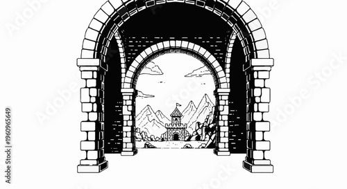 View through stone arches to a distant castle and mountains under cloudy skies