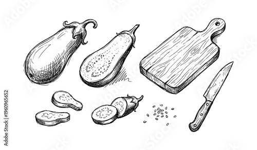 Hand-drawn eggplant sketch with knife and cutting board
