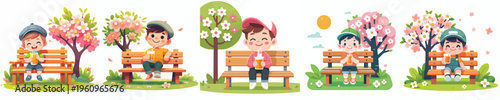 vector of a little boy sitting on a park bench drinking orange juice in spring